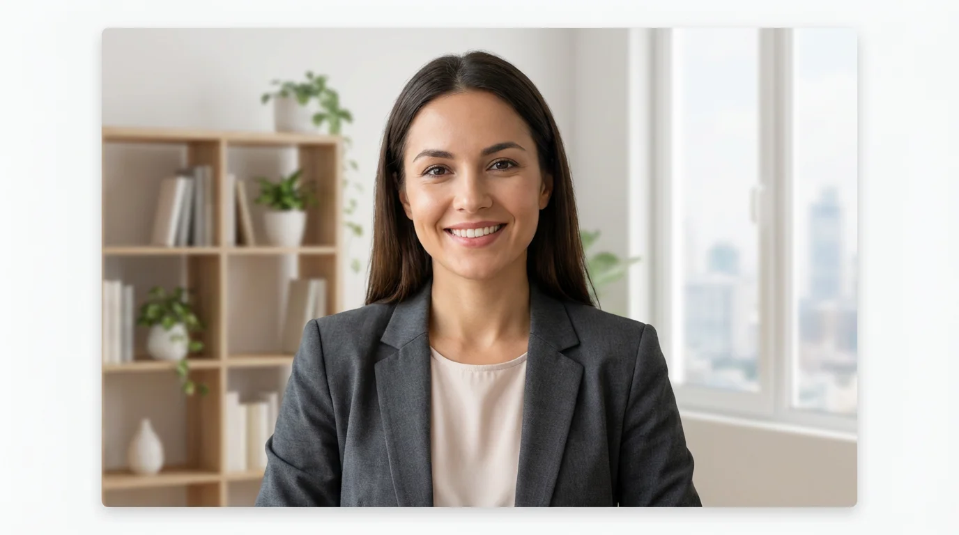 A woman in a professional video call using a stylish virtual background of a modern home office.