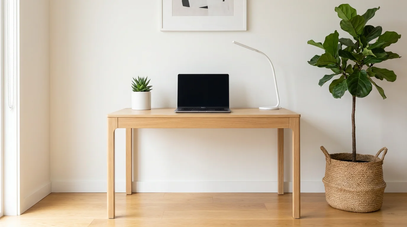 A modern and brightly lit home office designed as a virtual background, featuring a minimalist desk, a plant, and a clean wall.