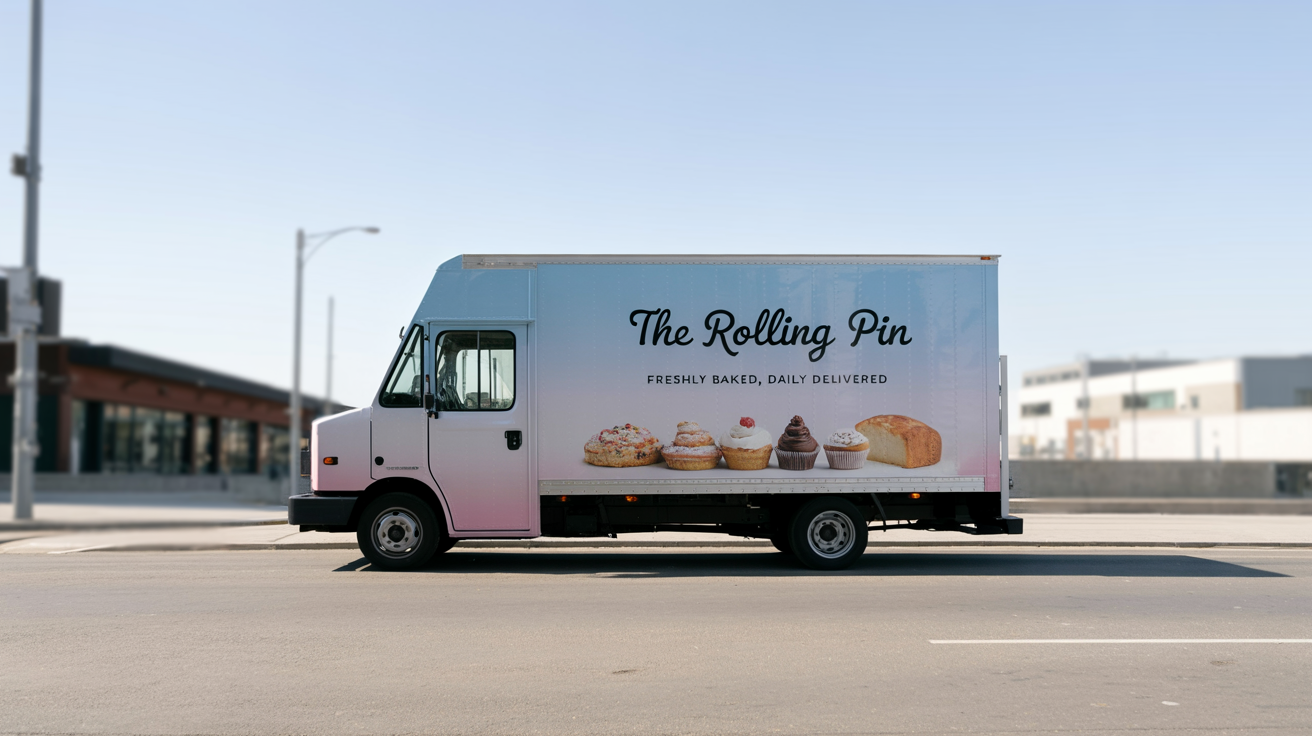 A modern box truck with a beautiful, professional wrap design for an artisanal bakery, featuring colorful images of pastries and the brand name 'The Rolling Pin', parked on a sunny city street.