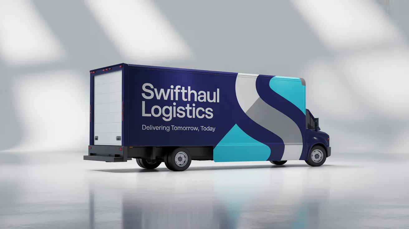 A modern white box truck with a professional blue, cyan, and silver wrap design for 'SwiftHaul Logistics', shown in a clean studio setting.