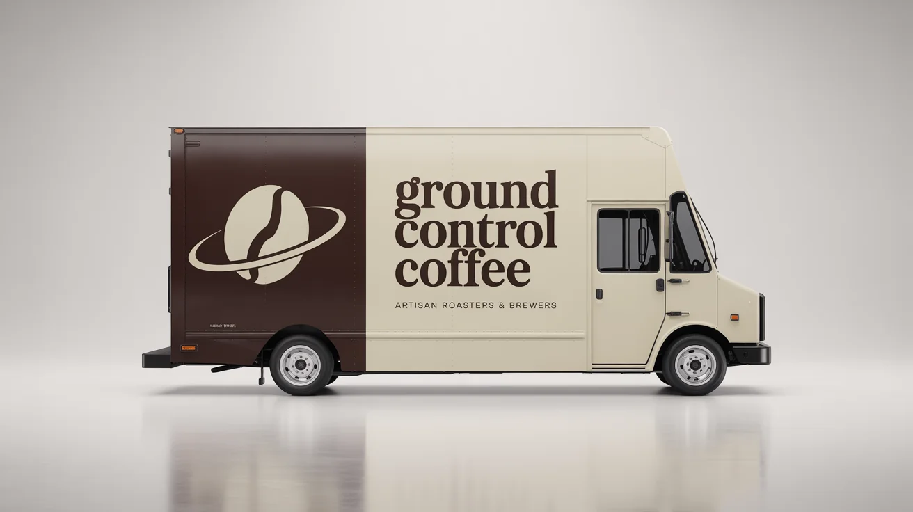 A modern box truck with a custom wrap design for a fictional coffee company, 'Ground Control Coffee', shown against a clean white background.