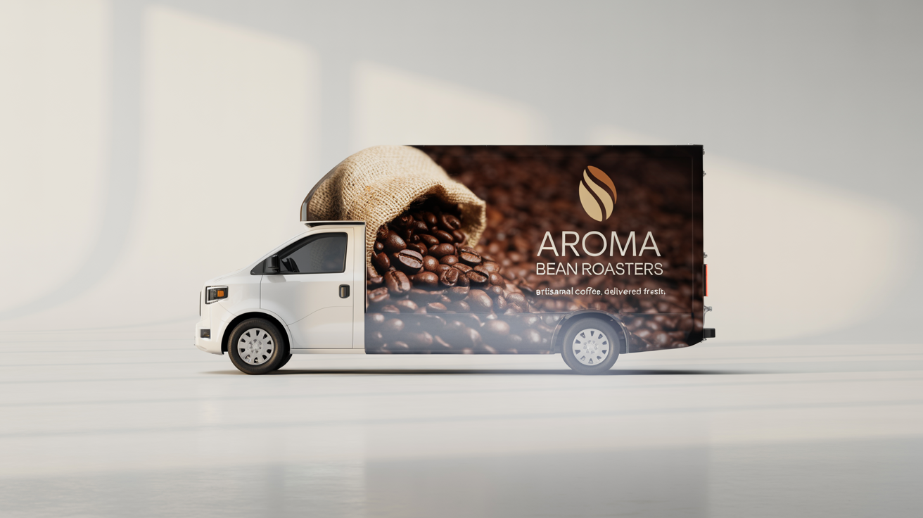 A modern box truck featuring a professional, dark brown wrap design for 'Aroma Bean Roasters' coffee company, displayed against a stark white background.
