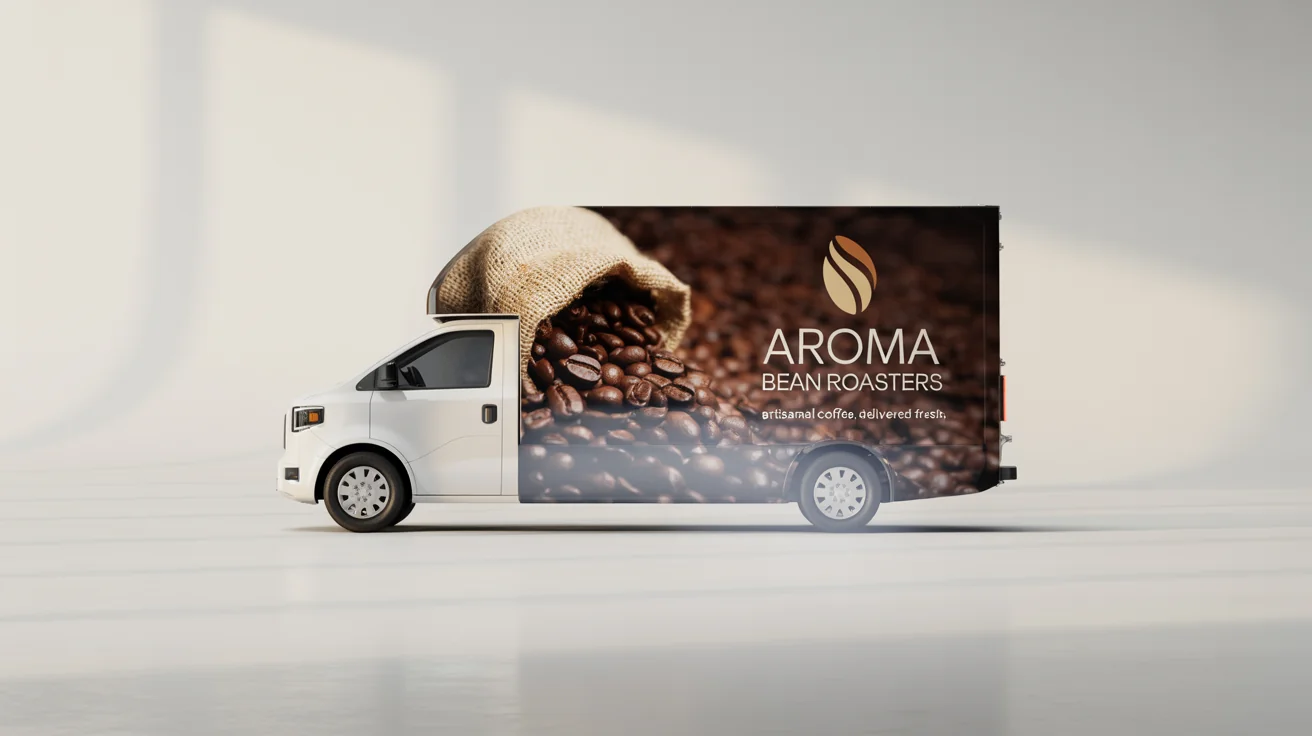 A modern box truck featuring a professional, dark brown wrap design for 'Aroma Bean Roasters' coffee company, displayed against a stark white background.
