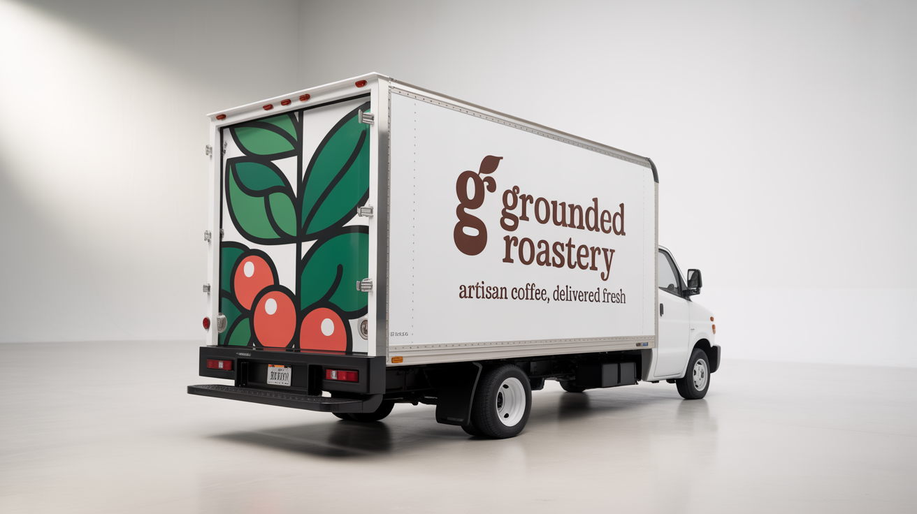 A modern box truck with a professional wrap design for a fictional coffee company, 'Grounded Roastery', shown against a plain white background.