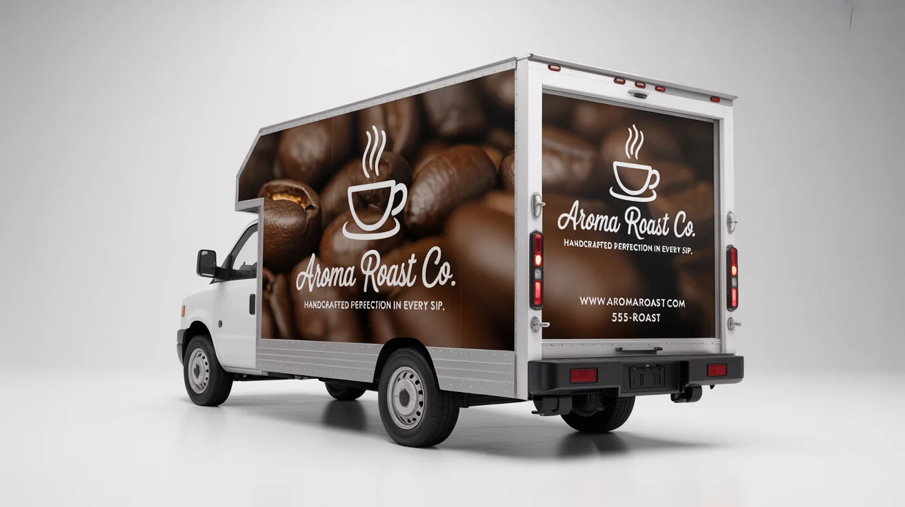 A professional mockup of a box truck with a custom wrap design for a coffee company named 'Aroma Roast Co.', displayed against a plain white background.