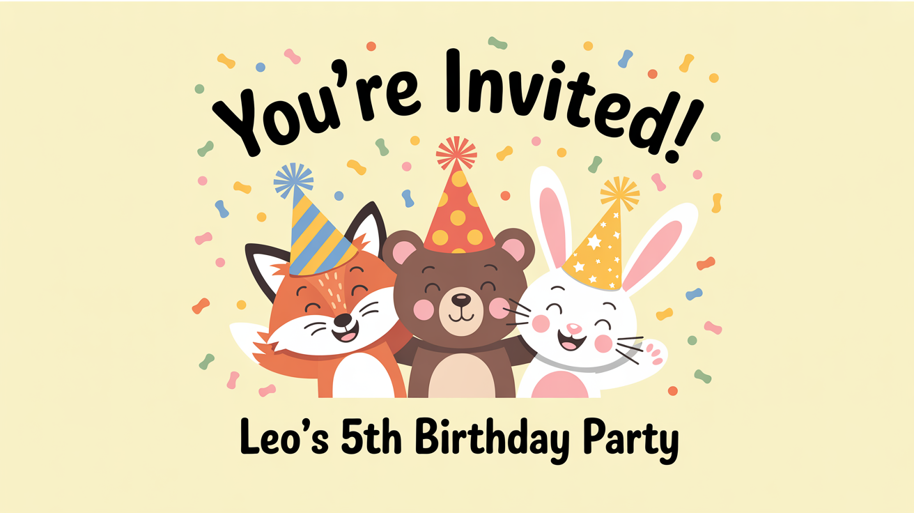 A professionally designed birthday party invitation featuring cute cartoon animals wearing colorful party hats, with the text 'You're Invited!' and 'Leo's 5th Birthday Party'.