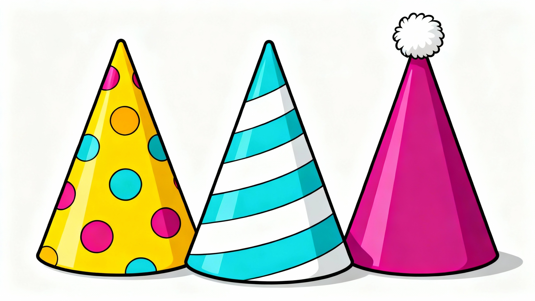A colorful collection of three party hats in a clean clipart style, featuring polka dots, stripes, and a pom-pom, set against a plain white background.