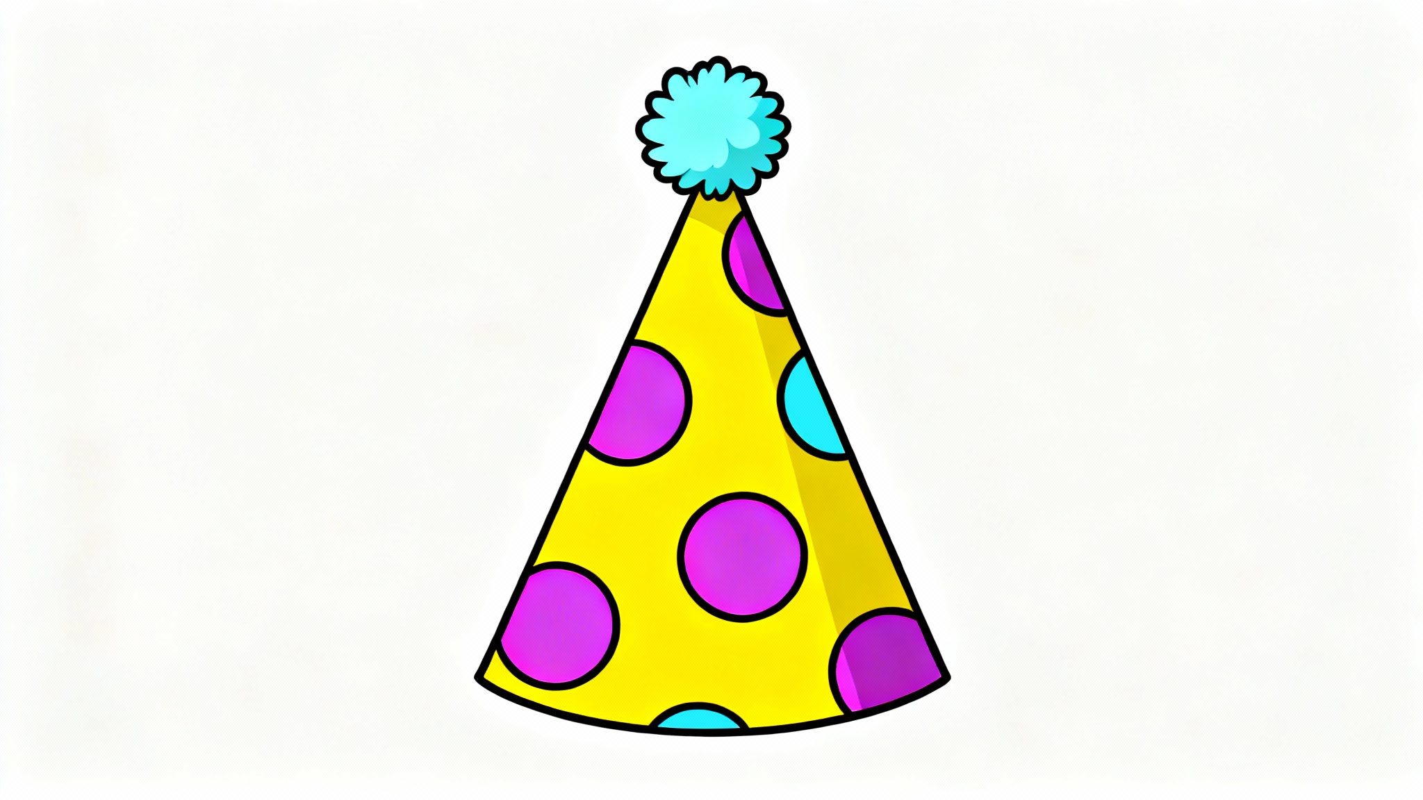 A vibrant clipart illustration of a yellow party hat with magenta and cyan polka dots and a blue pom-pom on top, on a white background.