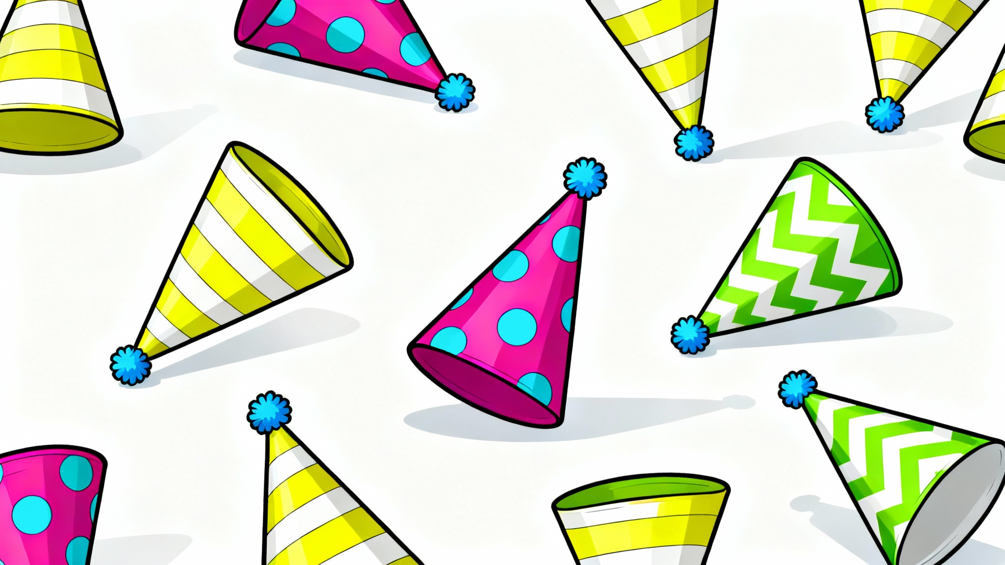 A colorful collection of illustrated party hat clipart with various patterns like stripes and polka dots, set against a white background.