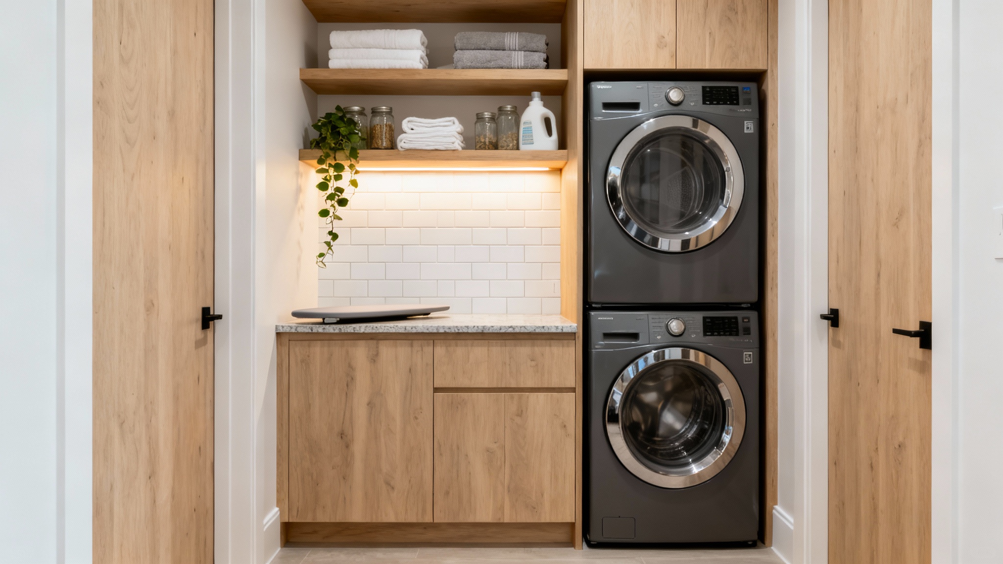 A beautifully organized, modern laundry closet with a stacked washer and dryer, custom wood shelving, and bright lighting, showcasing an ideal design result.