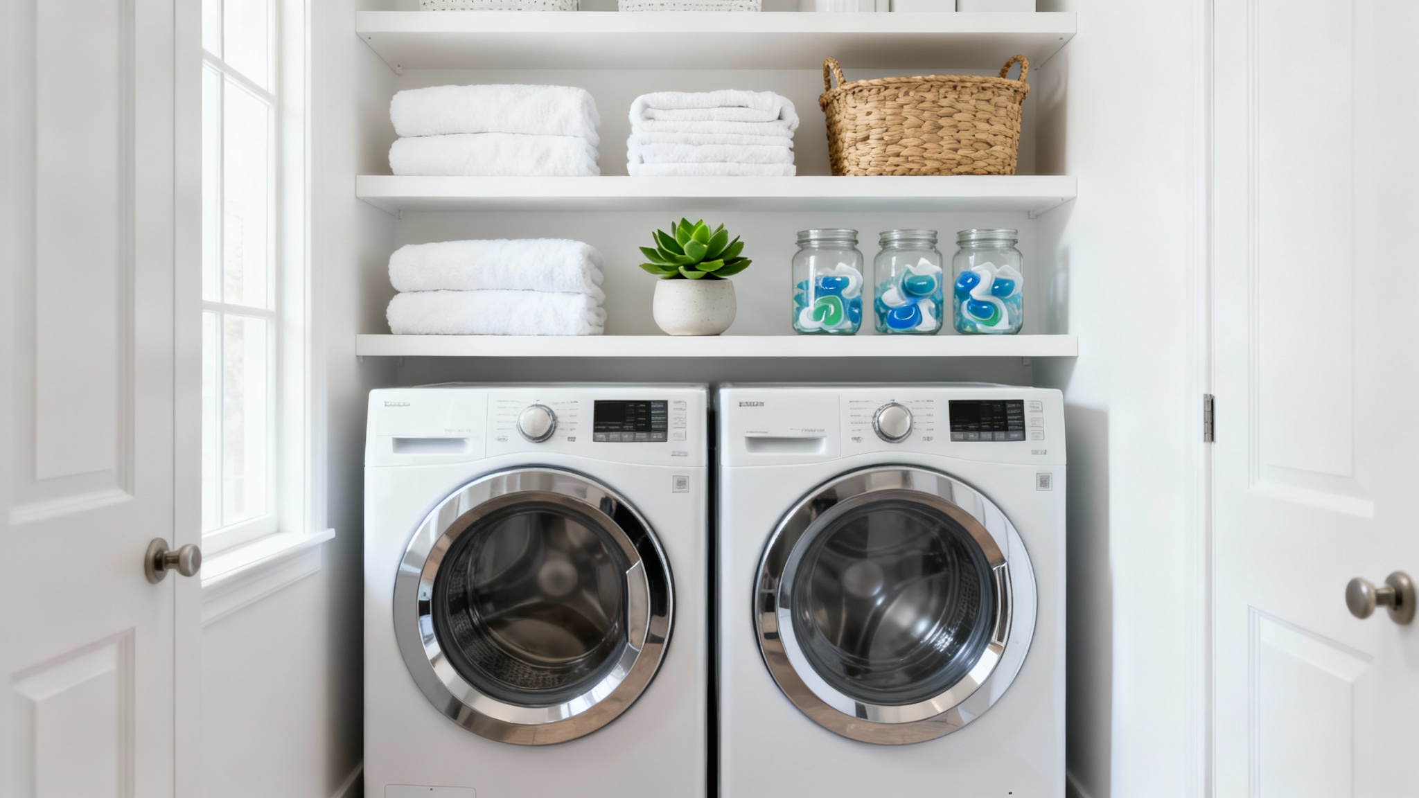 A bright, modern, and perfectly organized laundry closet featuring a stacked white washer and dryer, with neatly arranged shelves holding towels and supplies.