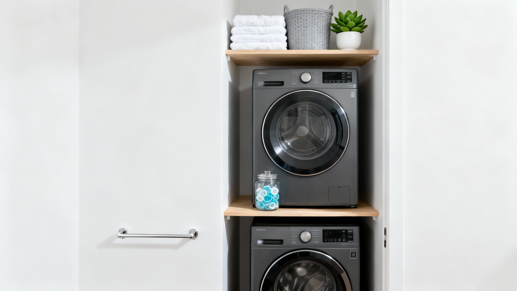 A modern, well-organized laundry closet featuring a stacked washer and dryer, light wood shelves with neatly arranged towels and a plant, all set against a plain white background.