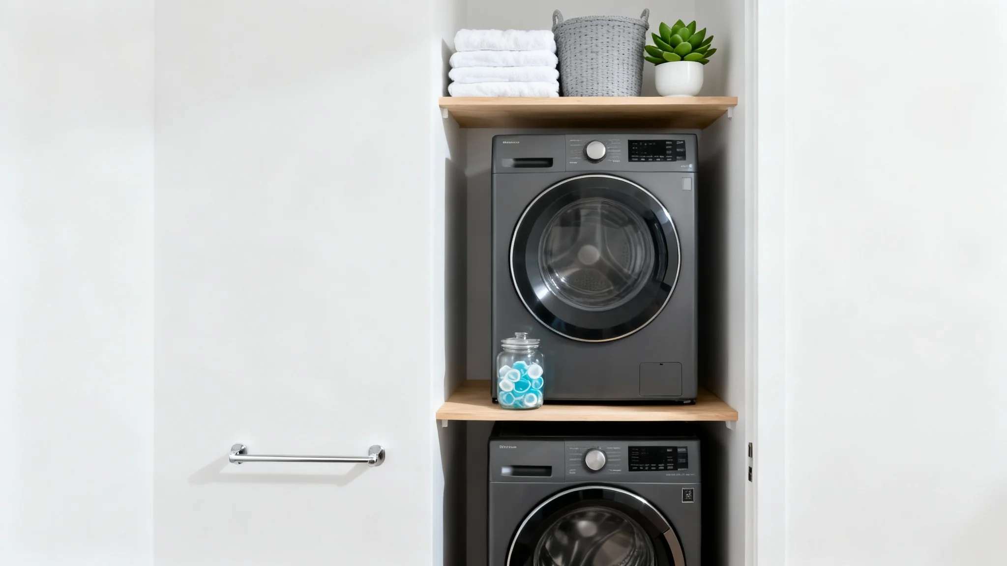 A modern, well-organized laundry closet featuring a stacked washer and dryer, light wood shelves with neatly arranged towels and a plant, all set against a plain white background.