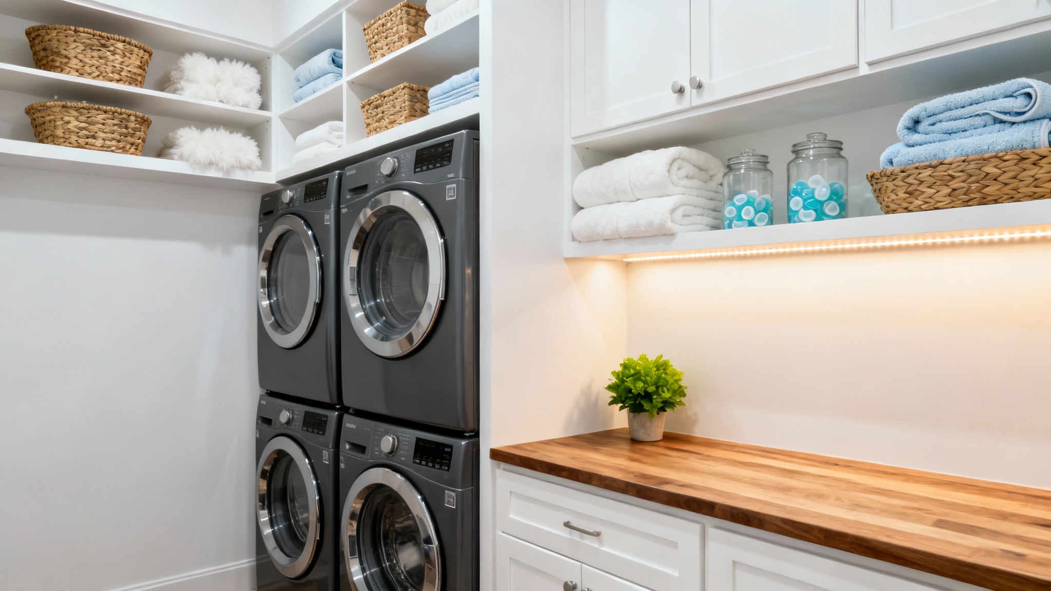 A close-up of a modern, well-organized laundry closet featuring a stacked washer and dryer, custom white shelving, woven storage baskets, and a small potted plant.
