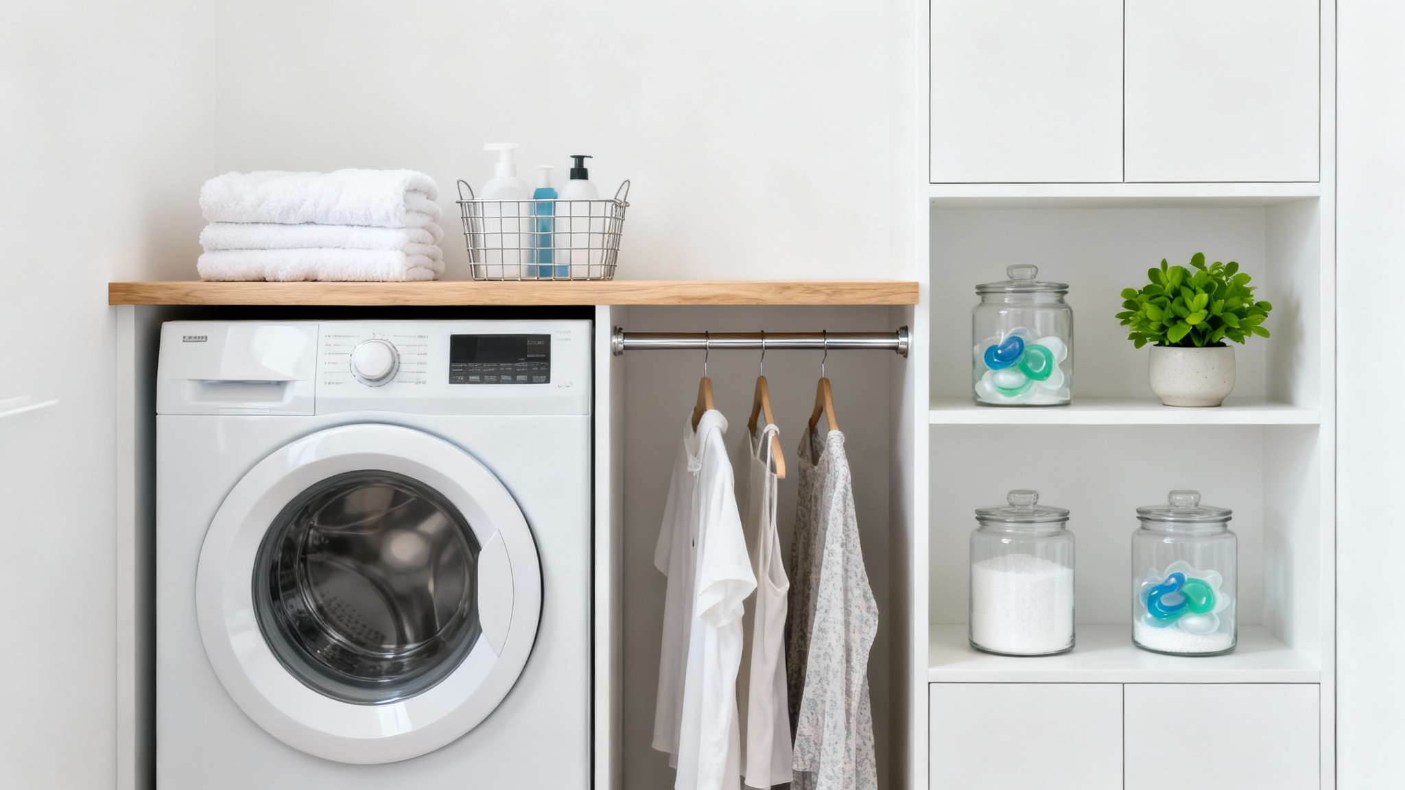 A modern and efficient laundry closet design with a stacked washer and dryer, built-in shelving, and organized laundry supplies, shown against a clean white background.