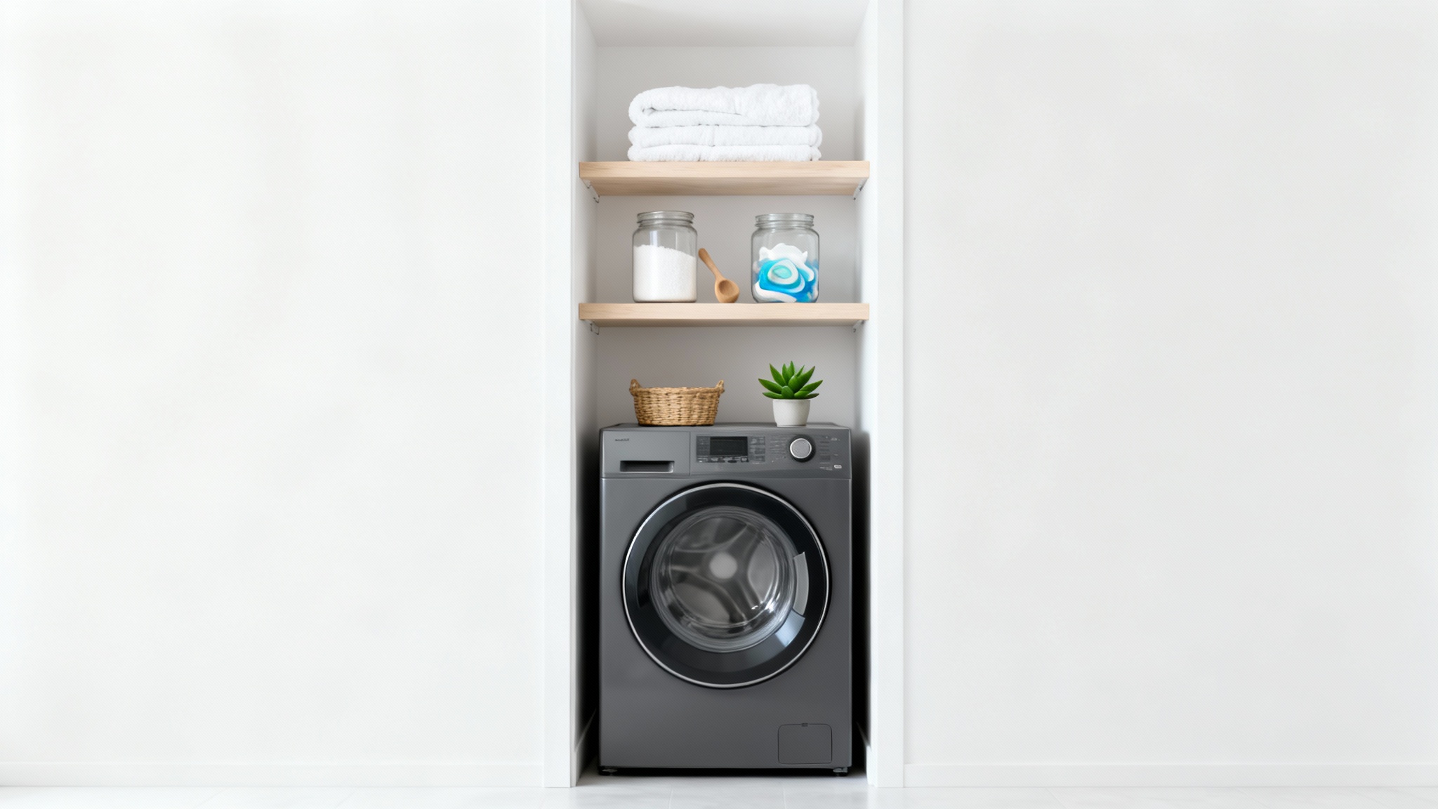 A mock-up of a modern, well-organized laundry closet with a stacked graphite washer-dryer, light wood shelves holding folded towels, jars of detergent, and a small plant, all set against a white background.