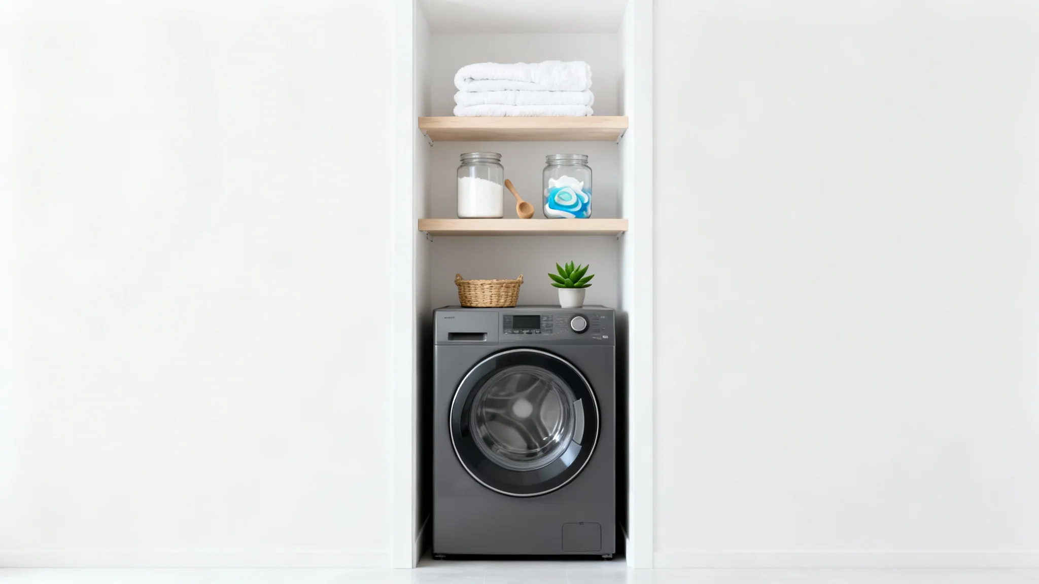 A mock-up of a modern, well-organized laundry closet with a stacked graphite washer-dryer, light wood shelves holding folded towels, jars of detergent, and a small plant, all set against a white background.