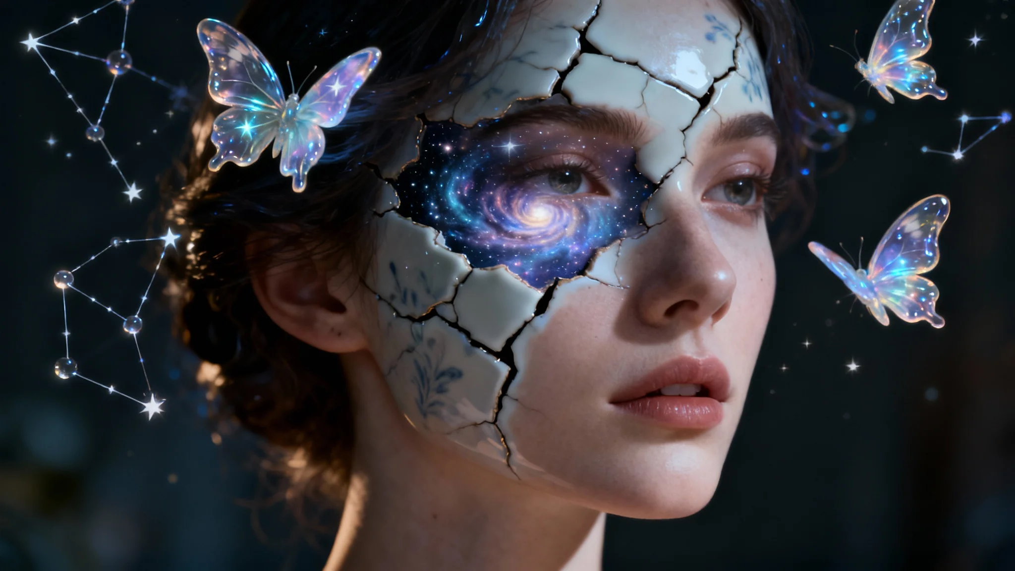 A surreal digital art portrait of a woman whose face is partially made of cracked porcelain. Through the cracks, a vibrant galaxy is visible. Glowing, starry butterflies flutter around her head in a dramatic, cinematic composition.
