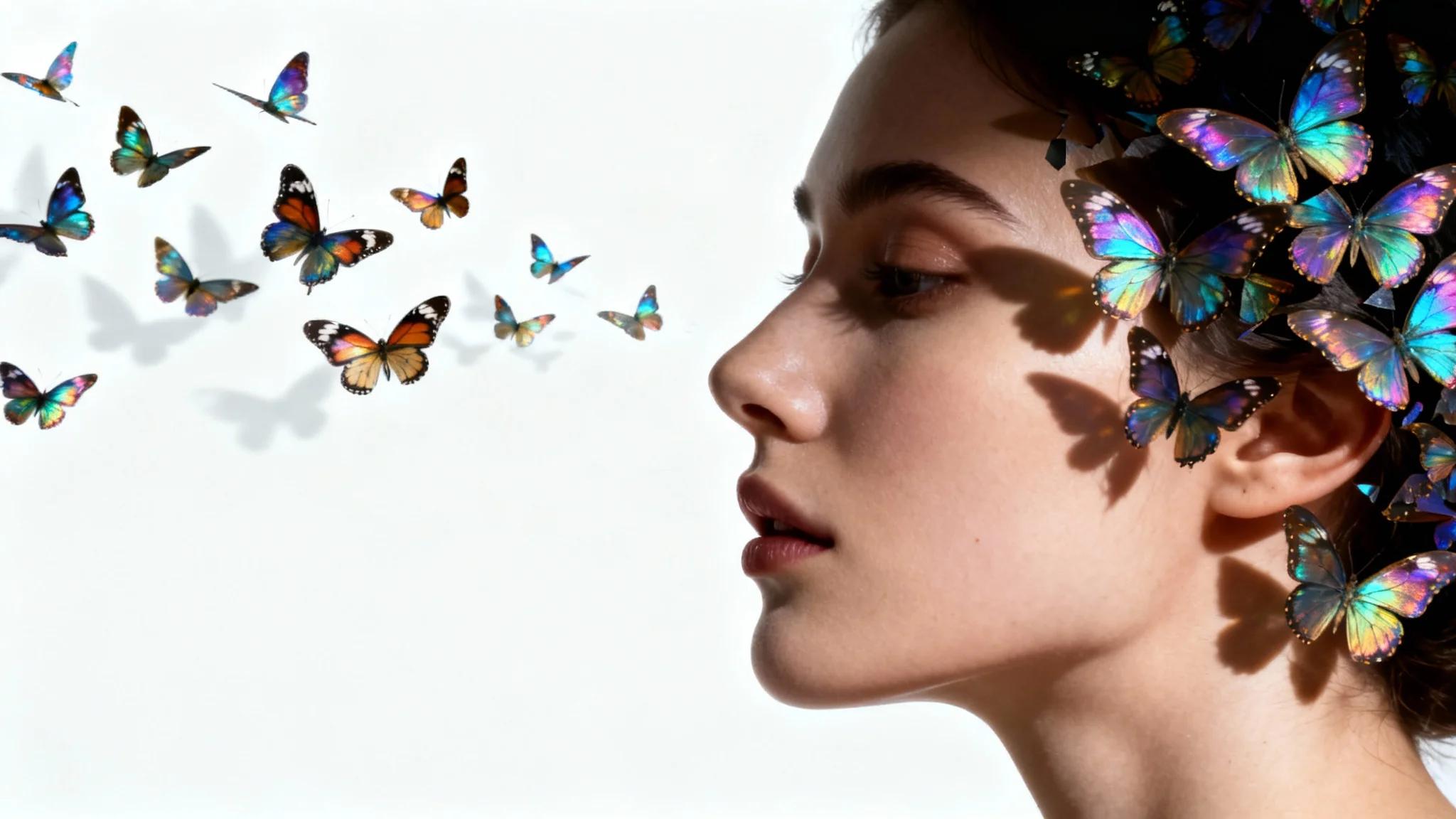 A surreal photorealistic portrait of a woman's profile against a white background, with part of her face dissolving into a flock of colorful butterflies flying away.