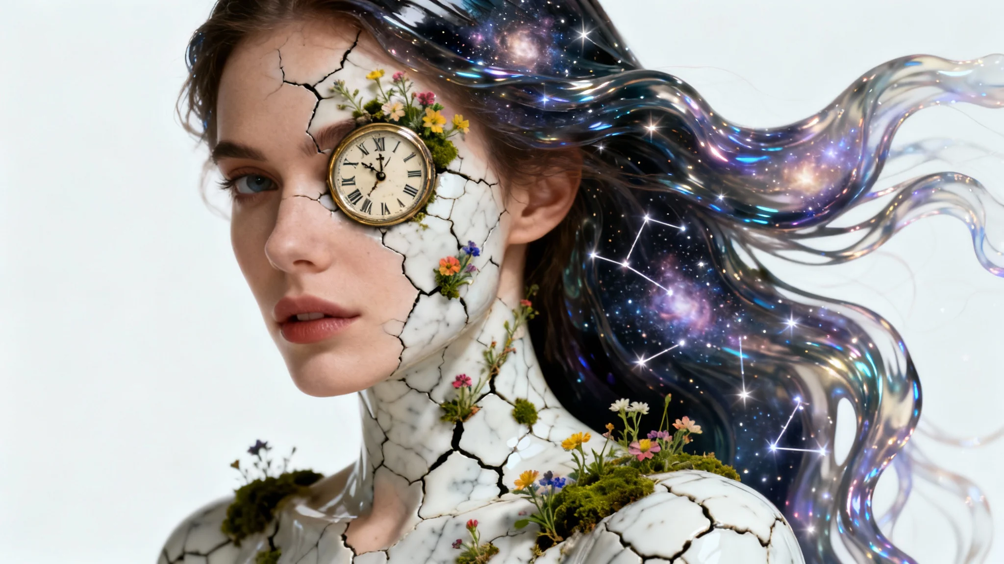 A surrealist portrait of a woman against a white background. Her face is like cracked porcelain with flowers growing from the cracks, one eye is a clock, and her hair is made of liquid starlight.