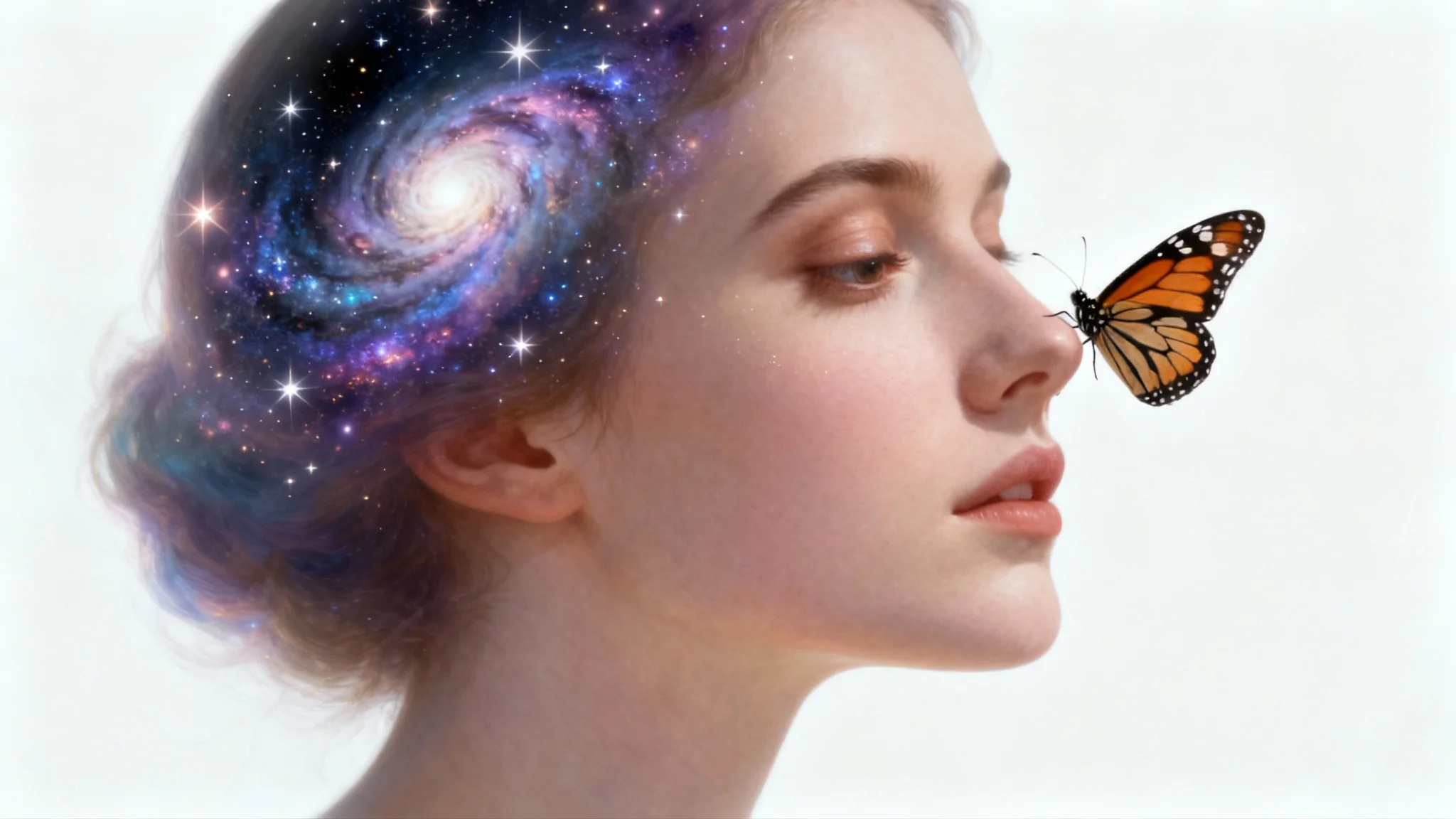A surreal, photorealistic portrait of a woman against a white background, with her head open to show a galaxy inside and a butterfly on her cheek.