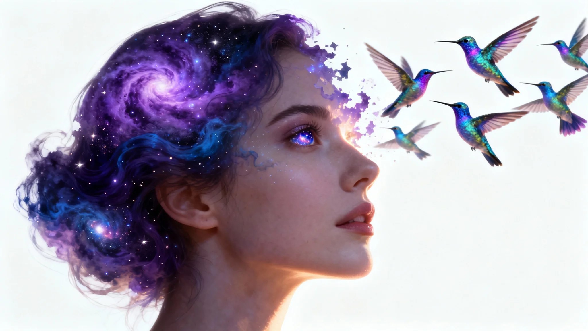 A surreal portrait of a woman whose face and hair are dissolving into a flock of hummingbirds and a colorful galaxy, set against a stark white background.