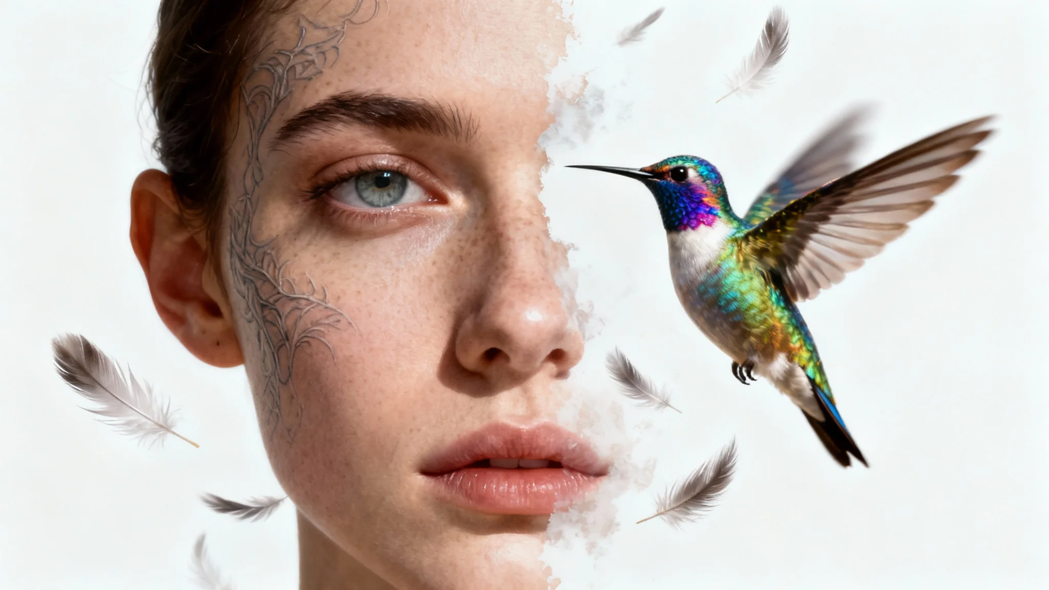 A surreal close-up portrait of a face that is half human and half a flock of hummingbirds, against a solid white background.