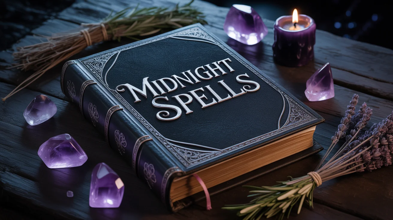 A hero image displaying the words 'Midnight Spells' in a mystical, witchy font on the cover of an old book, surrounded by crystals and candlelight.