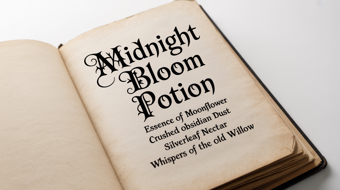 A mockup of a parchment page from a spellbook on a white background, showcasing a 'witchy font' with the text 'Midnight Bloom Potion' and a list of magical ingredients.
