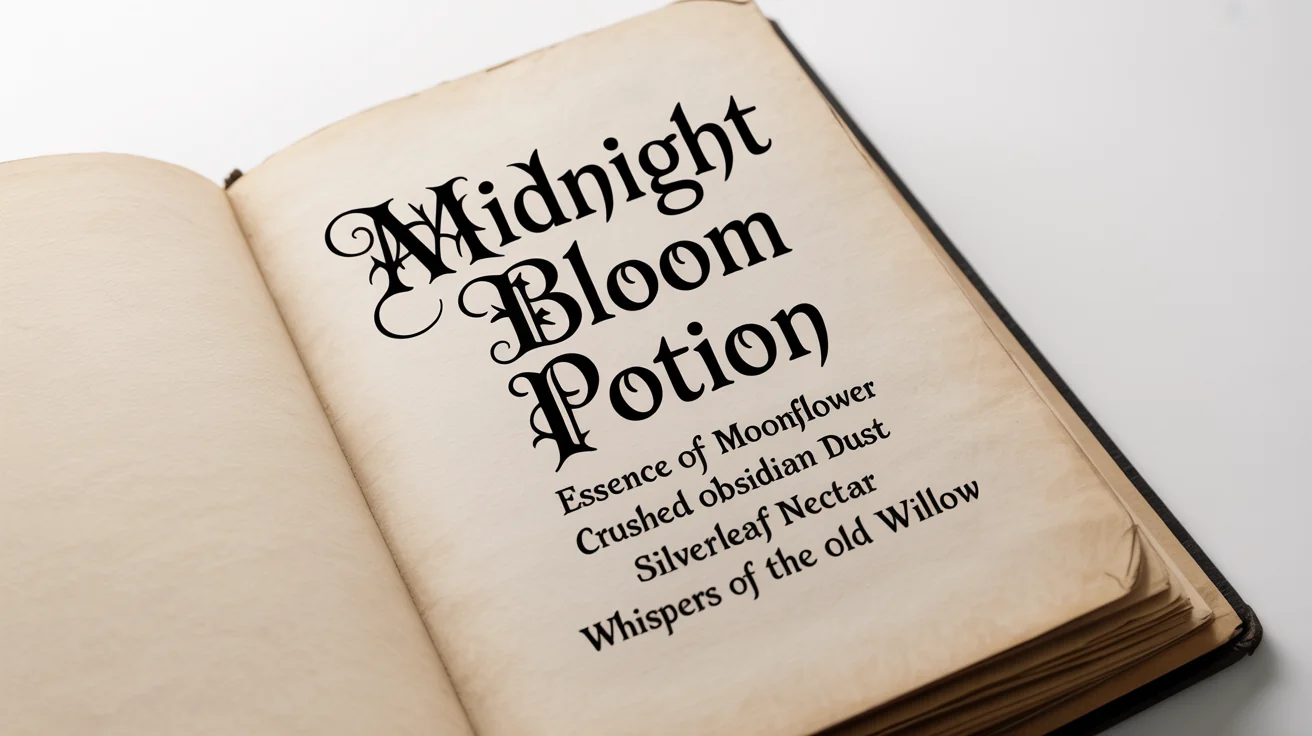 A mockup of a parchment page from a spellbook on a white background, showcasing a 'witchy font' with the text 'Midnight Bloom Potion' and a list of magical ingredients.