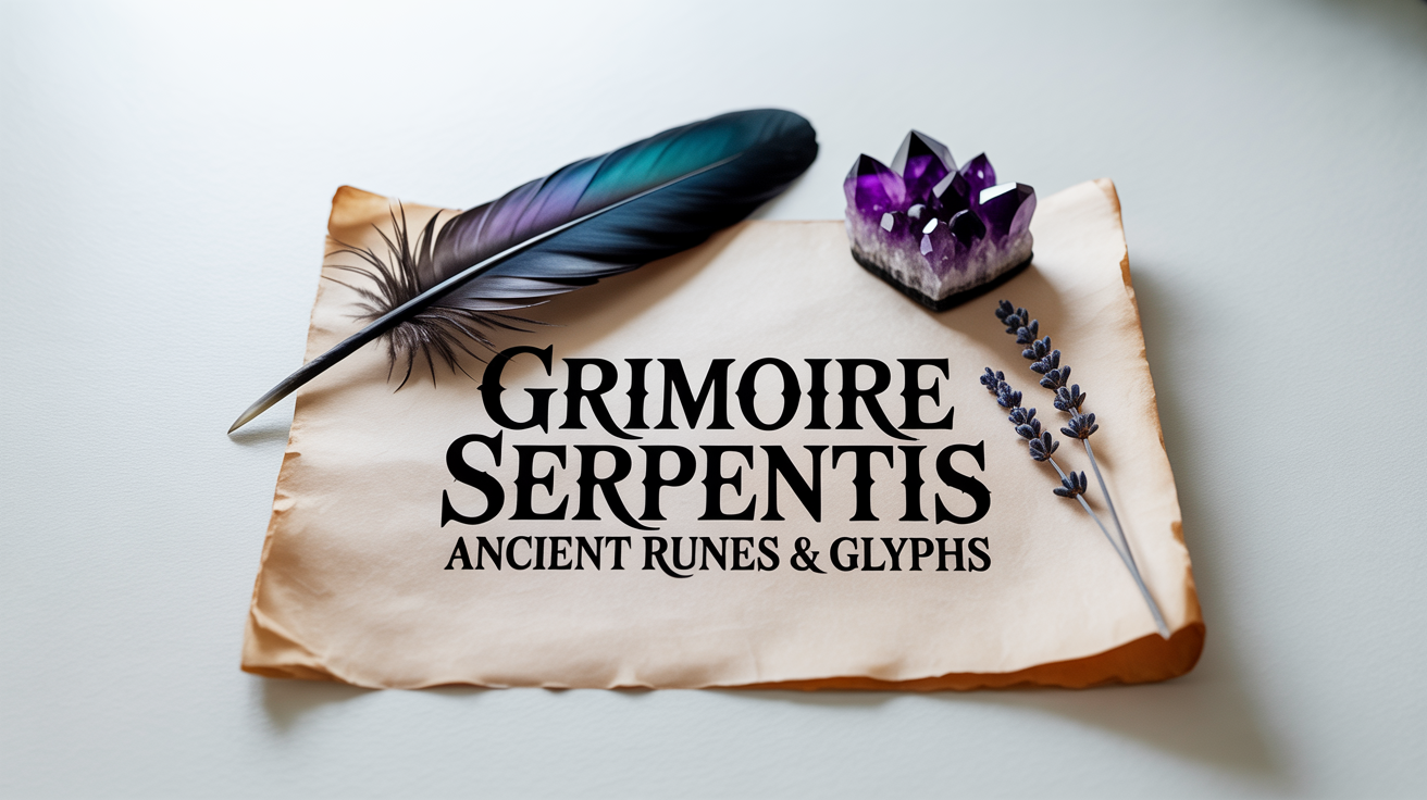 A mockup of a witchy font displayed on aged parchment paper. The text reads 'Grimoire Serpentis' in a mystical, gothic font, surrounded by amethyst crystals, a black feather, and dried lavender on a white background.