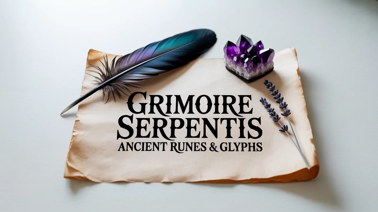 A mockup of a witchy font displayed on aged parchment paper. The text reads 'Grimoire Serpentis' in a mystical, gothic font, surrounded by amethyst crystals, a black feather, and dried lavender on a white background.