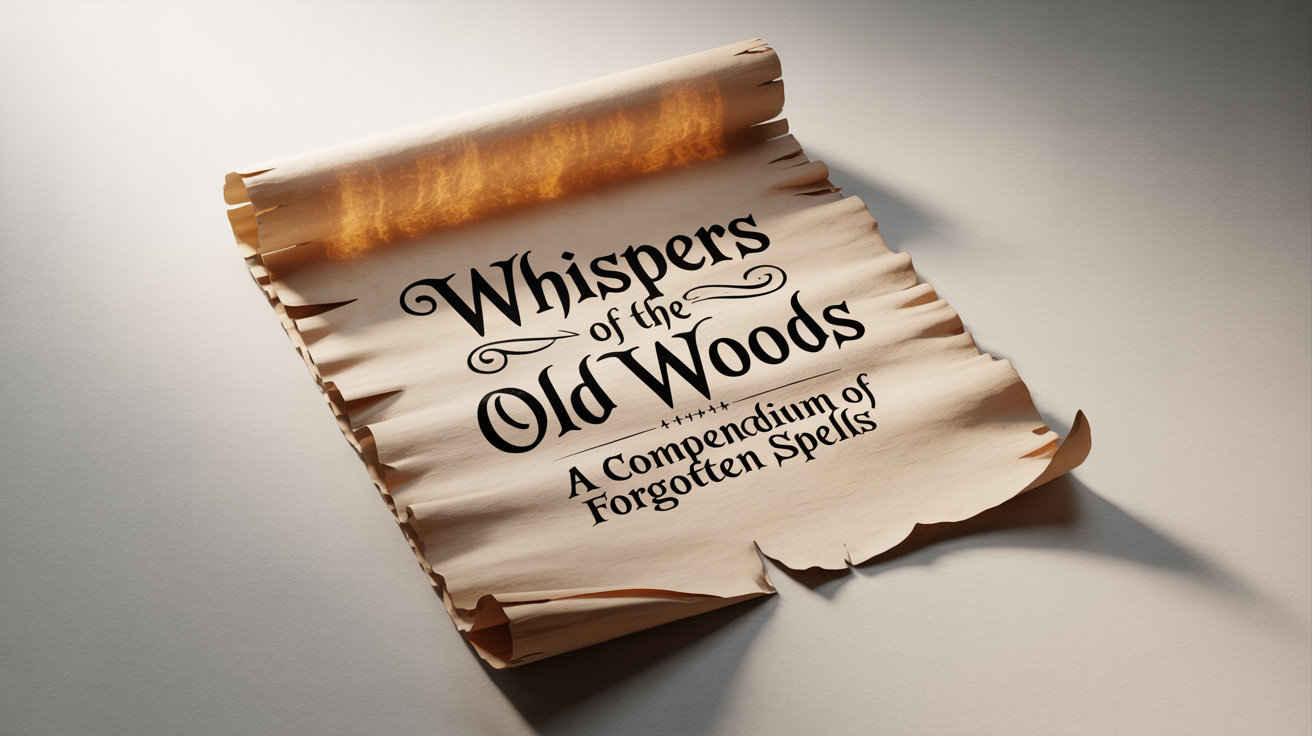 An elegant mockup displaying a witchy font on an aged piece of parchment with the text 'Whispers of the Old Woods' and 'A Compendium of Forgotten Spells' against a white background.