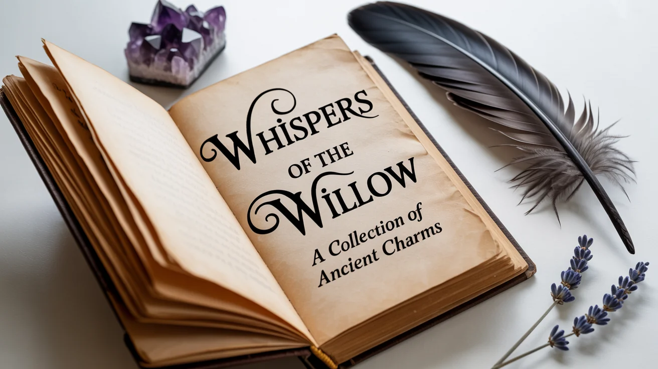 An open spellbook displaying a mystical font with the text 'Whispers of the Willow', surrounded by a crow feather, amethyst crystals, and lavender on a white background.