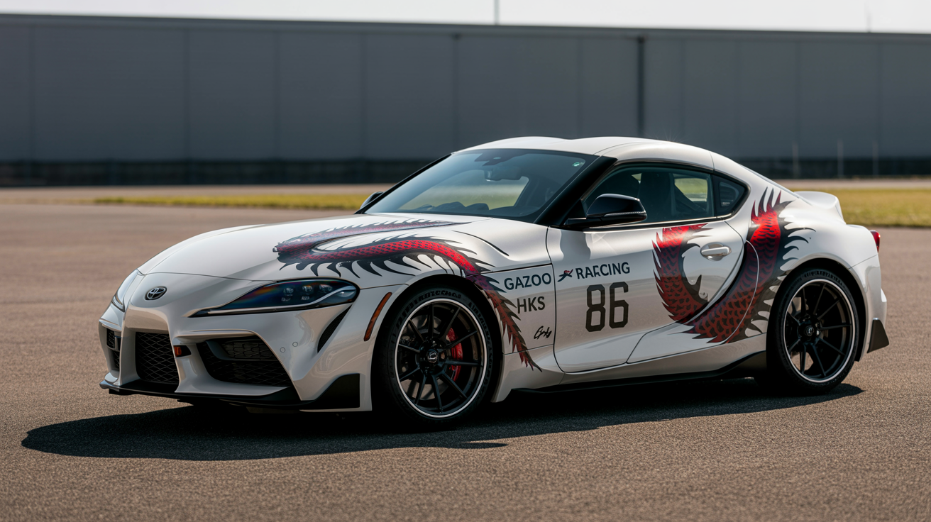 A white Toyota Supra GR with a custom Japanese dragon livery design, showcased in a professional studio setting. The red and black dragon art wraps around the car, which has a glossy finish and racing decals.
