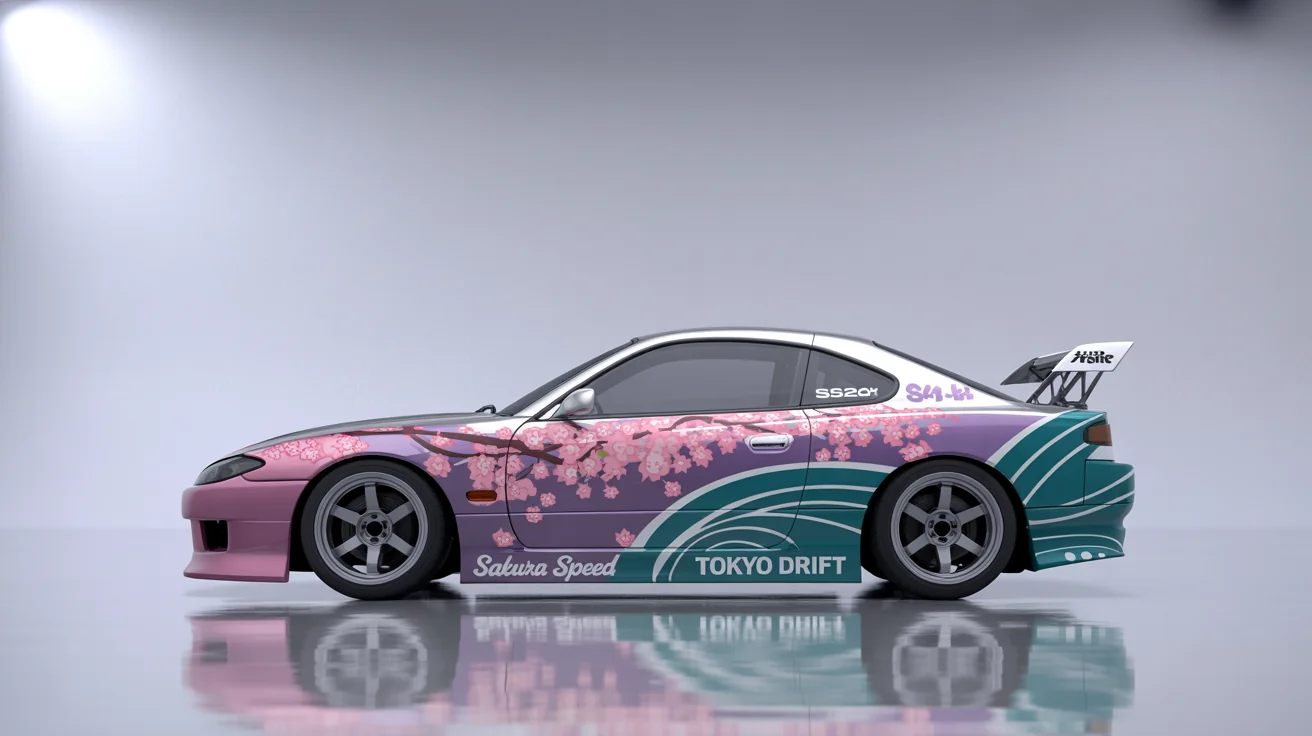 A Japanese sports car with a custom pink and teal livery design featuring cherry blossoms and waves, with fictional 'SAKURA SPEED' and 'TOKYO DRIFT' text, displayed against a white studio background.