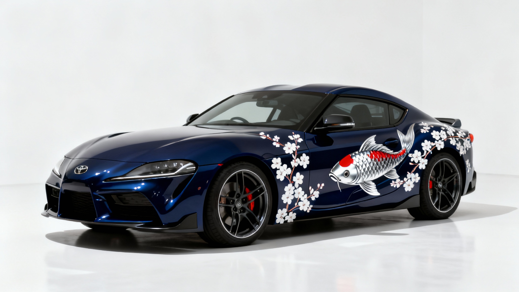 A photorealistic mockup of a modern Japanese sports car with a custom livery design. The dark blue car features a striking graphic of red koi fish and white cherry blossoms, shot in a professional studio with a white background.