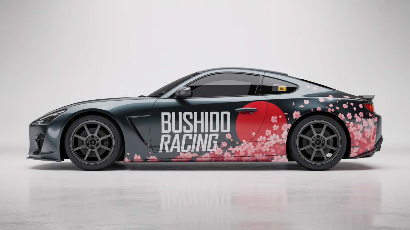 A sleek, grey Japanese sports car with a custom racing livery featuring a red sun, cherry blossoms, and the text 'BUSHIDO RACING', displayed in a white studio setting.