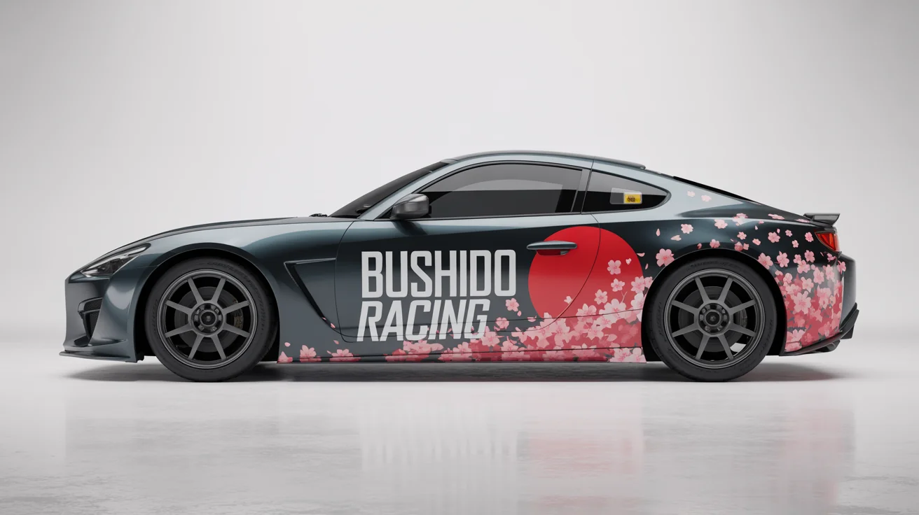A sleek, grey Japanese sports car with a custom racing livery featuring a red sun, cherry blossoms, and the text 'BUSHIDO RACING', displayed in a white studio setting.