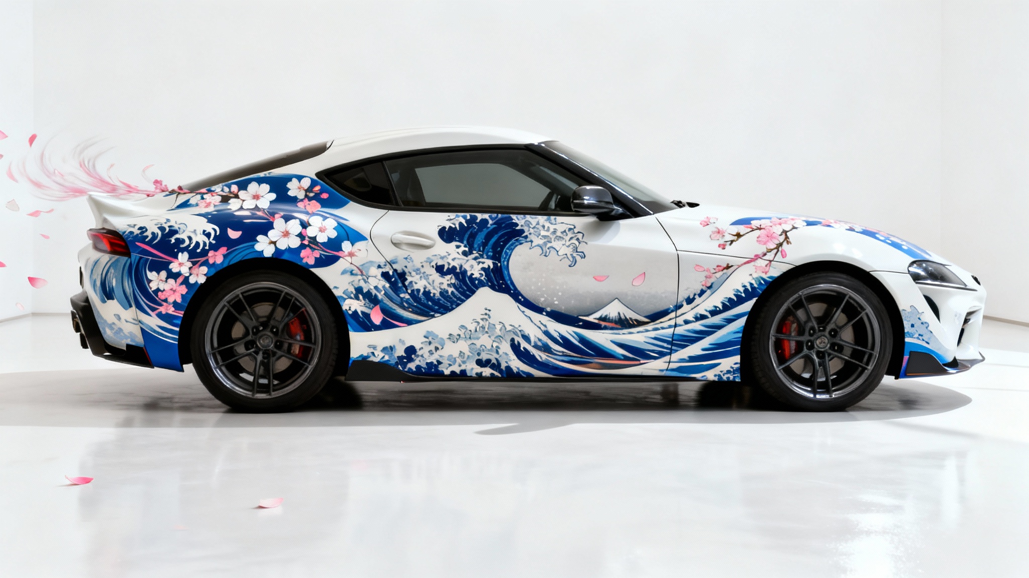 A modern sports car with a Japanese-inspired livery design featuring blue waves and pink cherry blossoms, displayed in a clean studio with a white background.