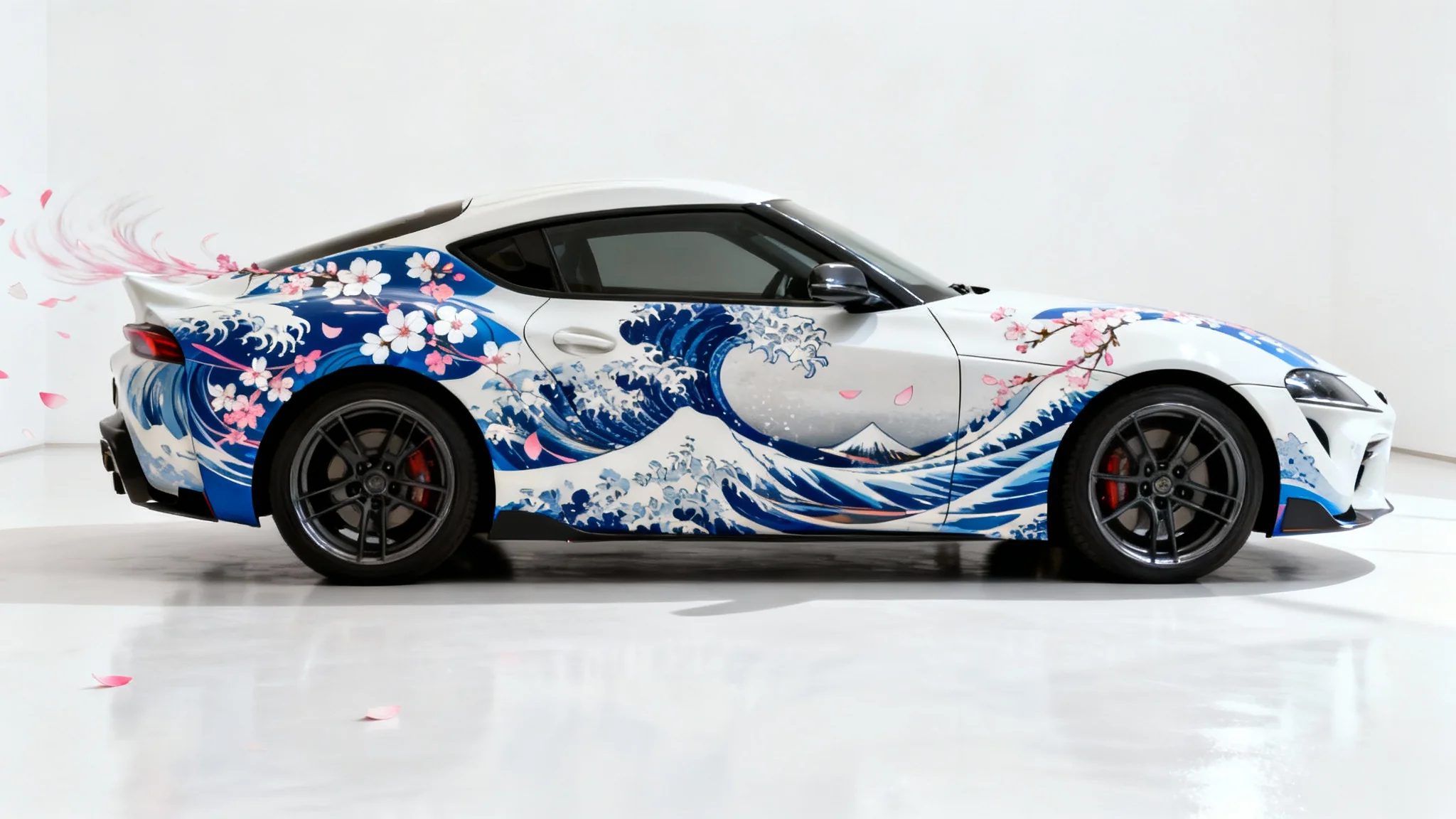 A modern sports car with a Japanese-inspired livery design featuring blue waves and pink cherry blossoms, displayed in a clean studio with a white background.