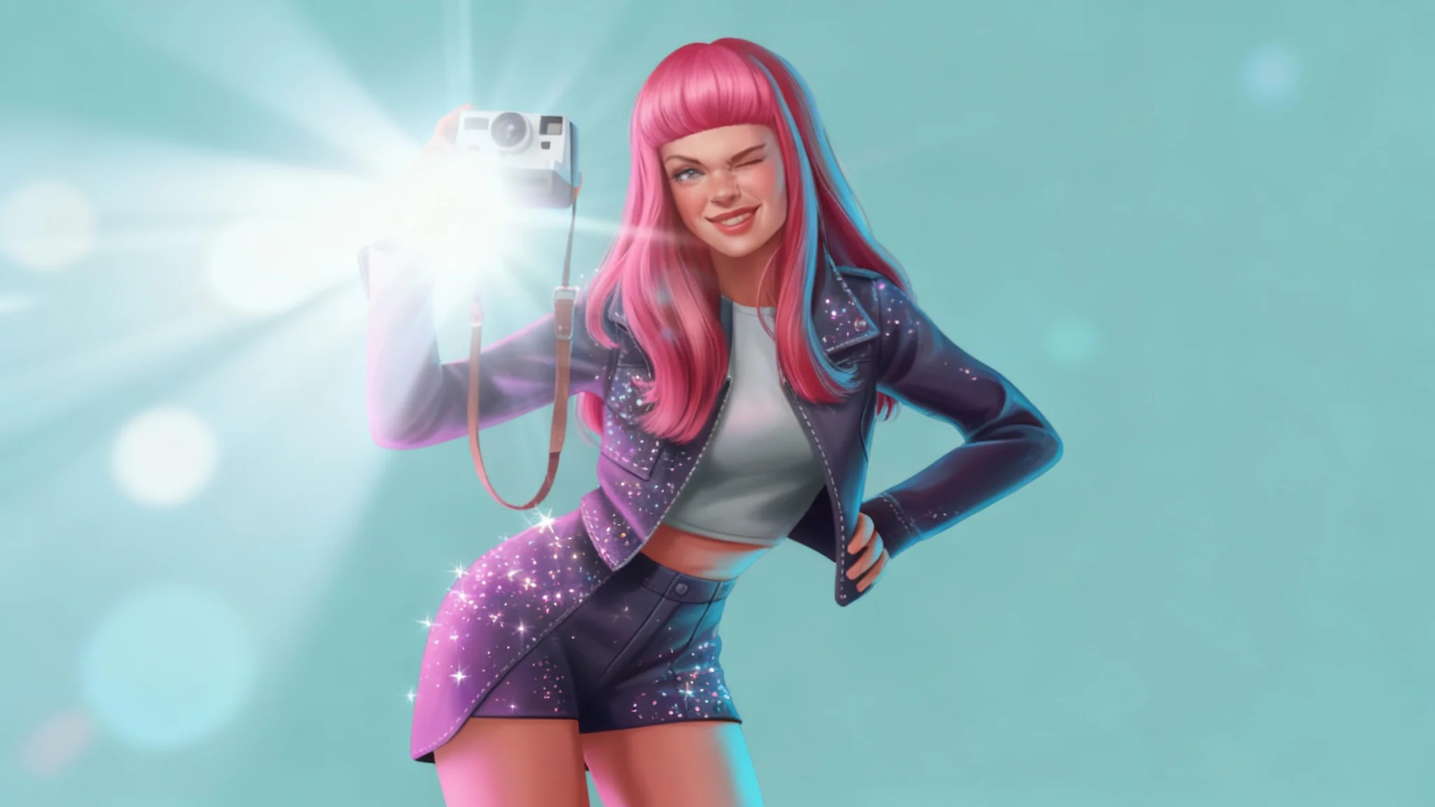 A vibrant digital illustration of a female character with pink hair winking while holding a camera, demonstrating the result of a camera flash overlay with a bright burst of light and lens flare.