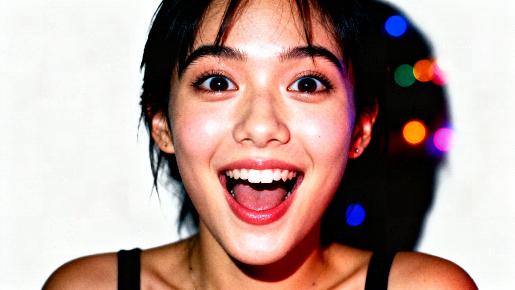 A young woman at a party, photographed with a direct camera flash, creating a high-contrast, candid portrait with a dark shadow behind her, set against a white background.