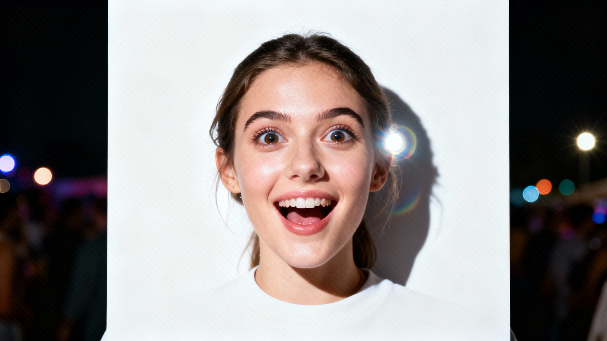 A mockup image showing a close-up photo of a woman at a nighttime event taken with a harsh camera flash, set against a clean white background. The flash creates high contrast and sharp shadows, highlighting her joyful expression.