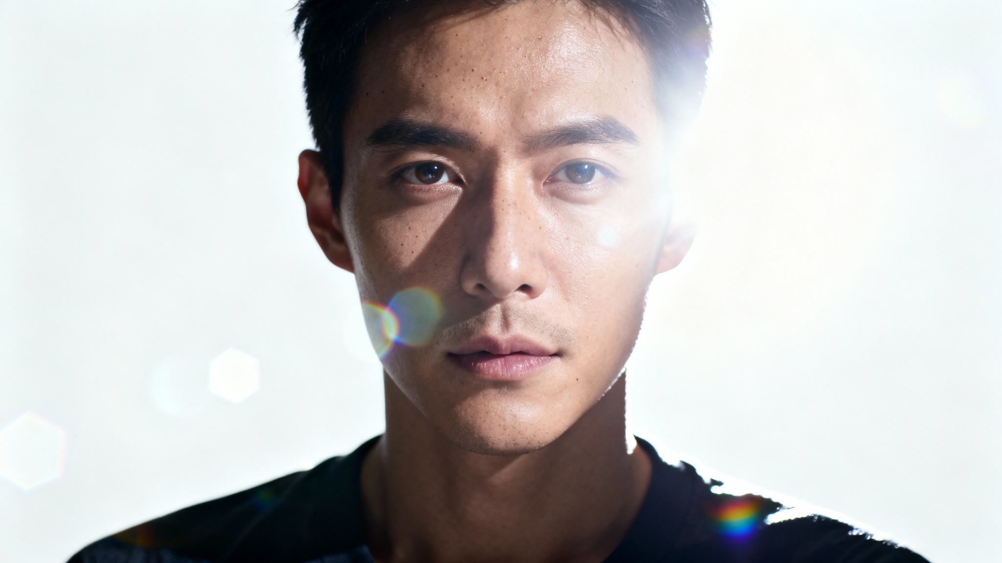 A photorealistic portrait of a person on a white background, demonstrating the effect of a bright camera flash overlay with lens flare and high contrast.