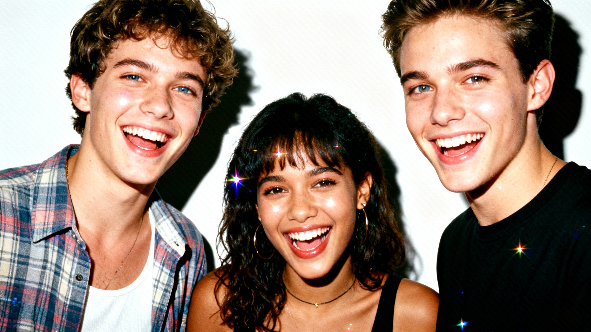 A candid photo of three friends at a party, taken with a bright camera flash that creates strong highlights and shadows, demonstrating a flash overlay effect.