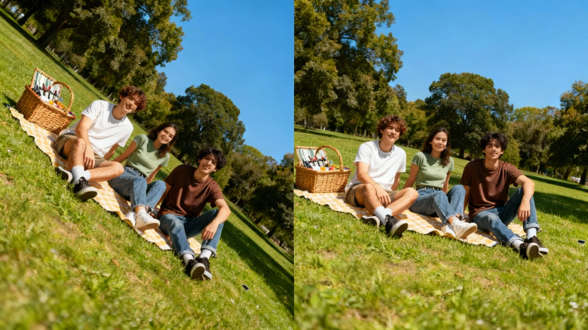 A split-screen image demonstrating a photo alignment tool. The left side shows a crooked photo of friends at a picnic. The right side shows the same photo perfectly straightened and aligned.