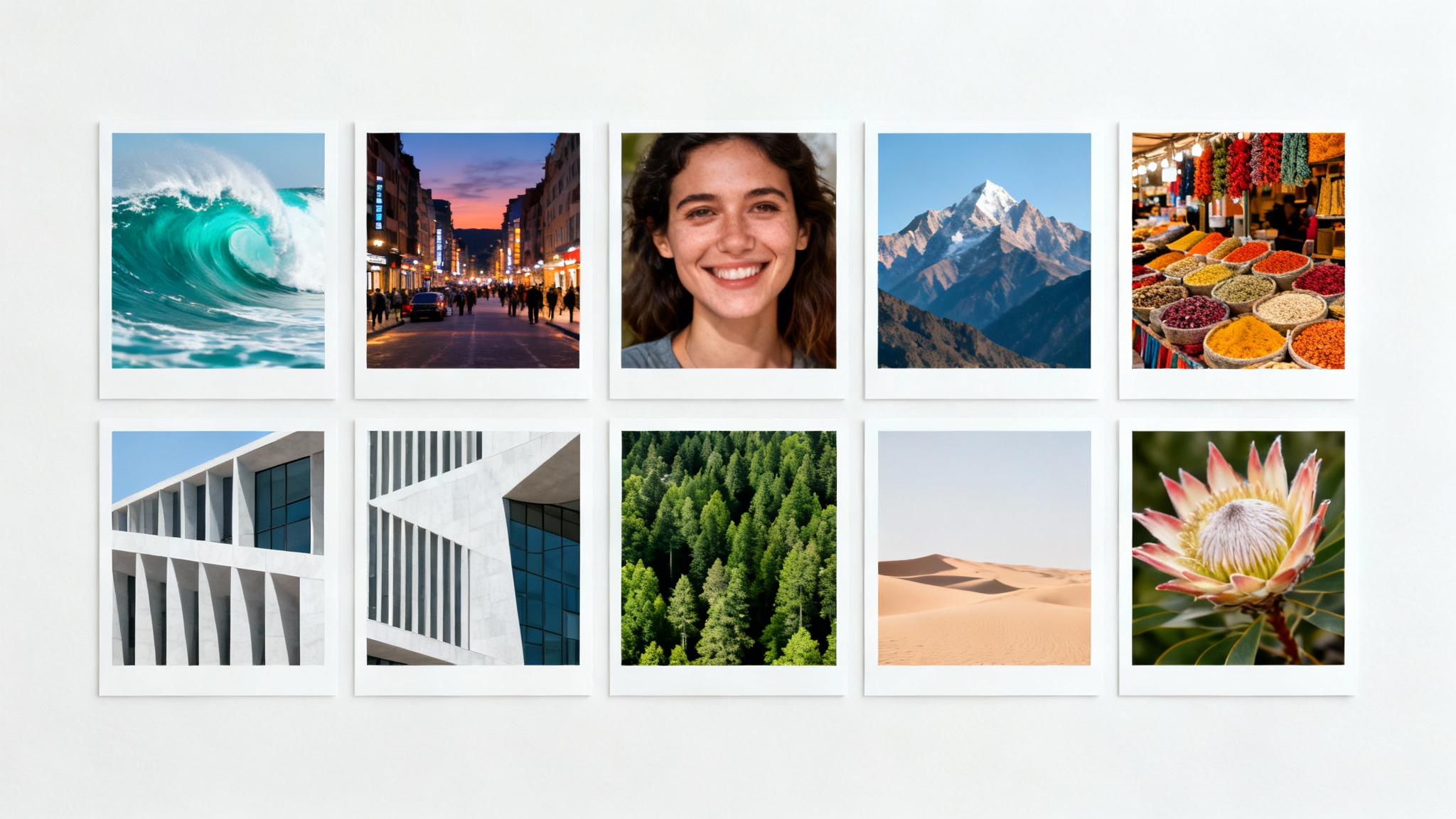 A perfectly organized 3x3 grid of nine square photo prints on a clean white background, demonstrating precise photo alignment.