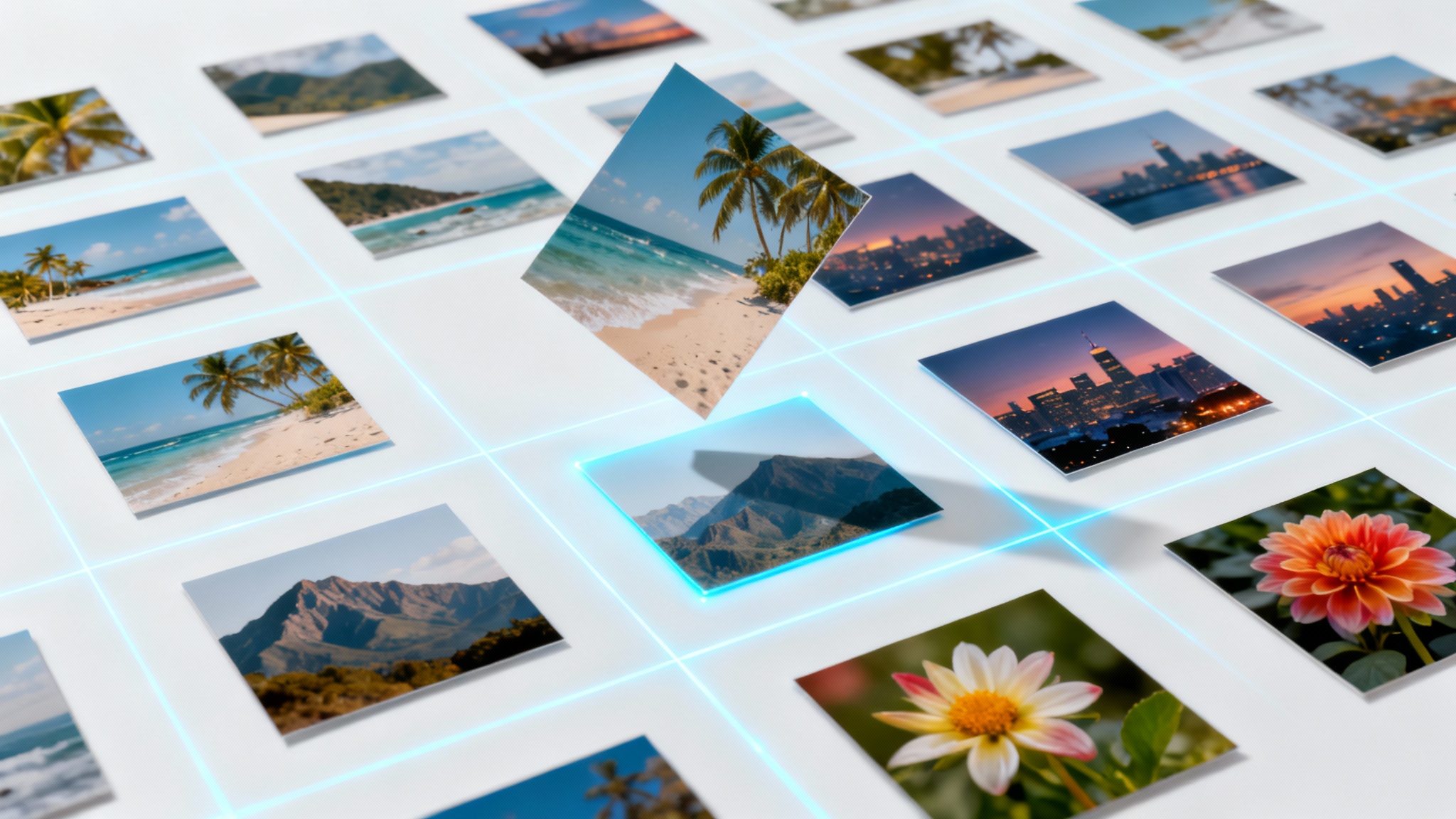 A collection of square photo prints being arranged into a perfect grid on a white background, with one photo about to snap into place, illustrating the concept of photo alignment.