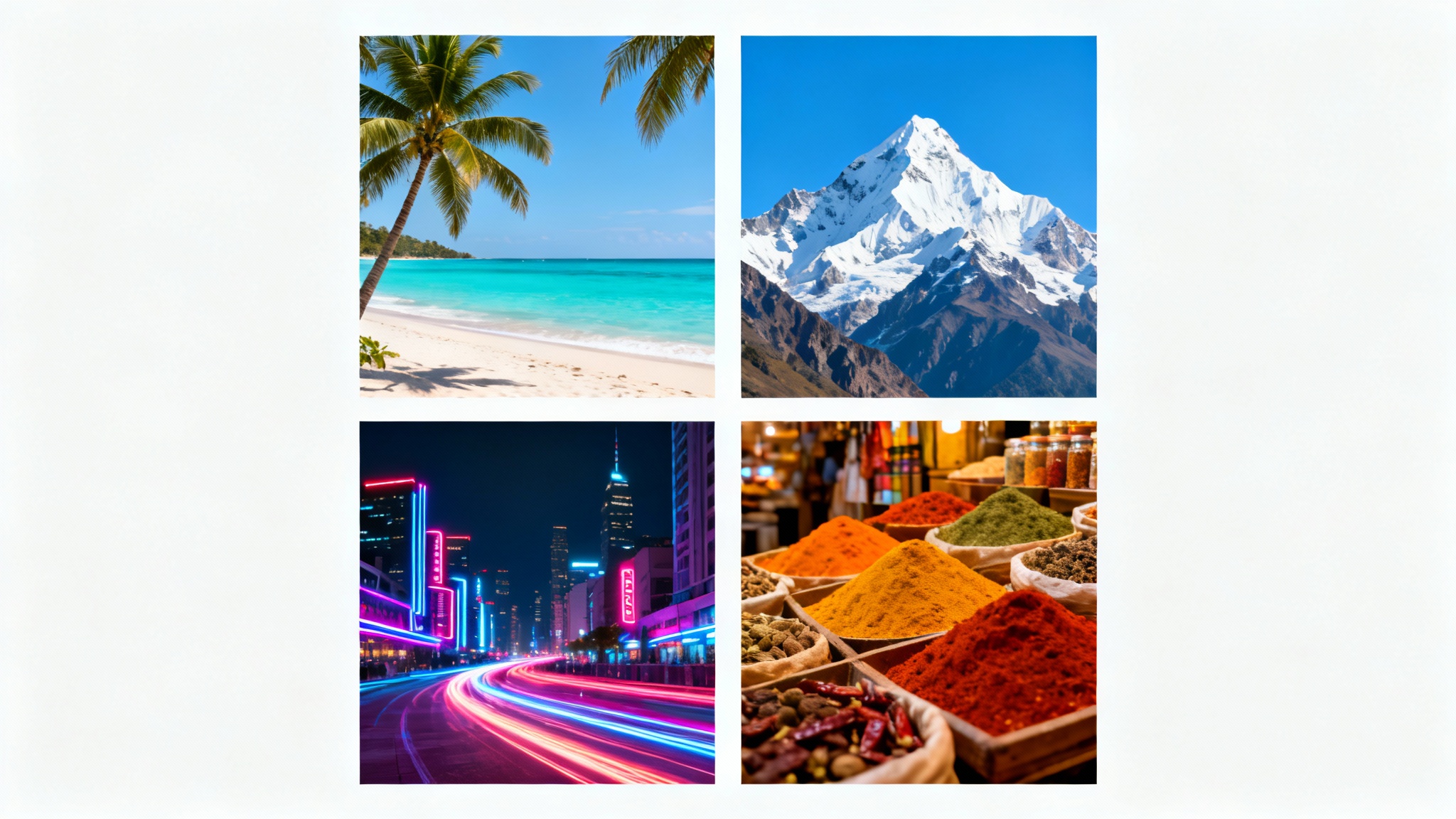 A perfectly aligned grid of four diverse travel photos, including a beach, mountains, a city at night, and a market, showcasing a photo alignment tool.